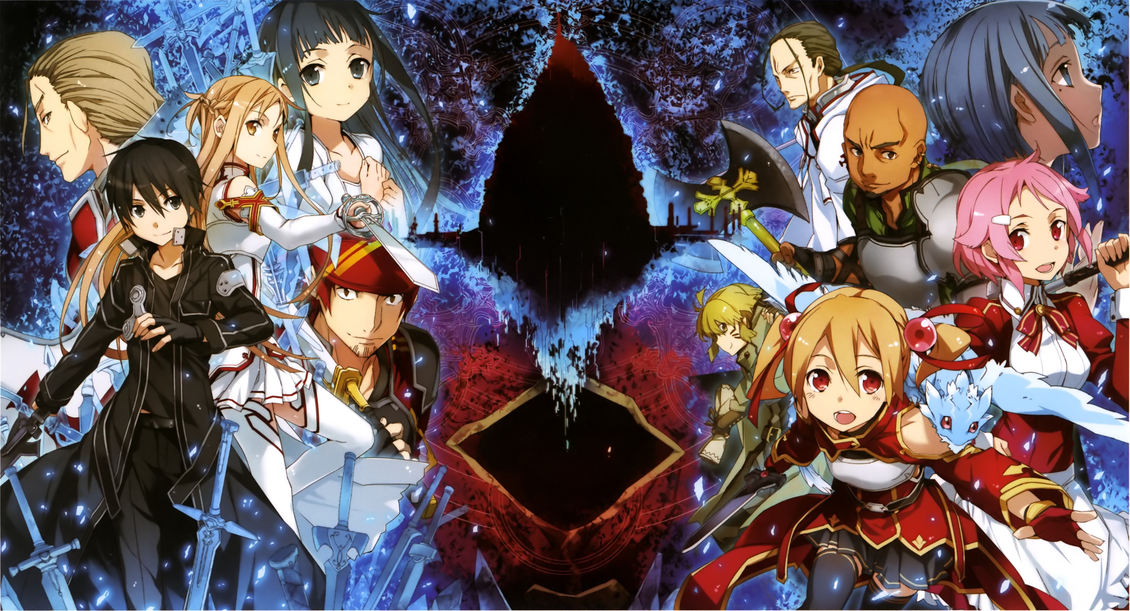 Sword Art Online characters in front of a dark castle HD Wallpaper