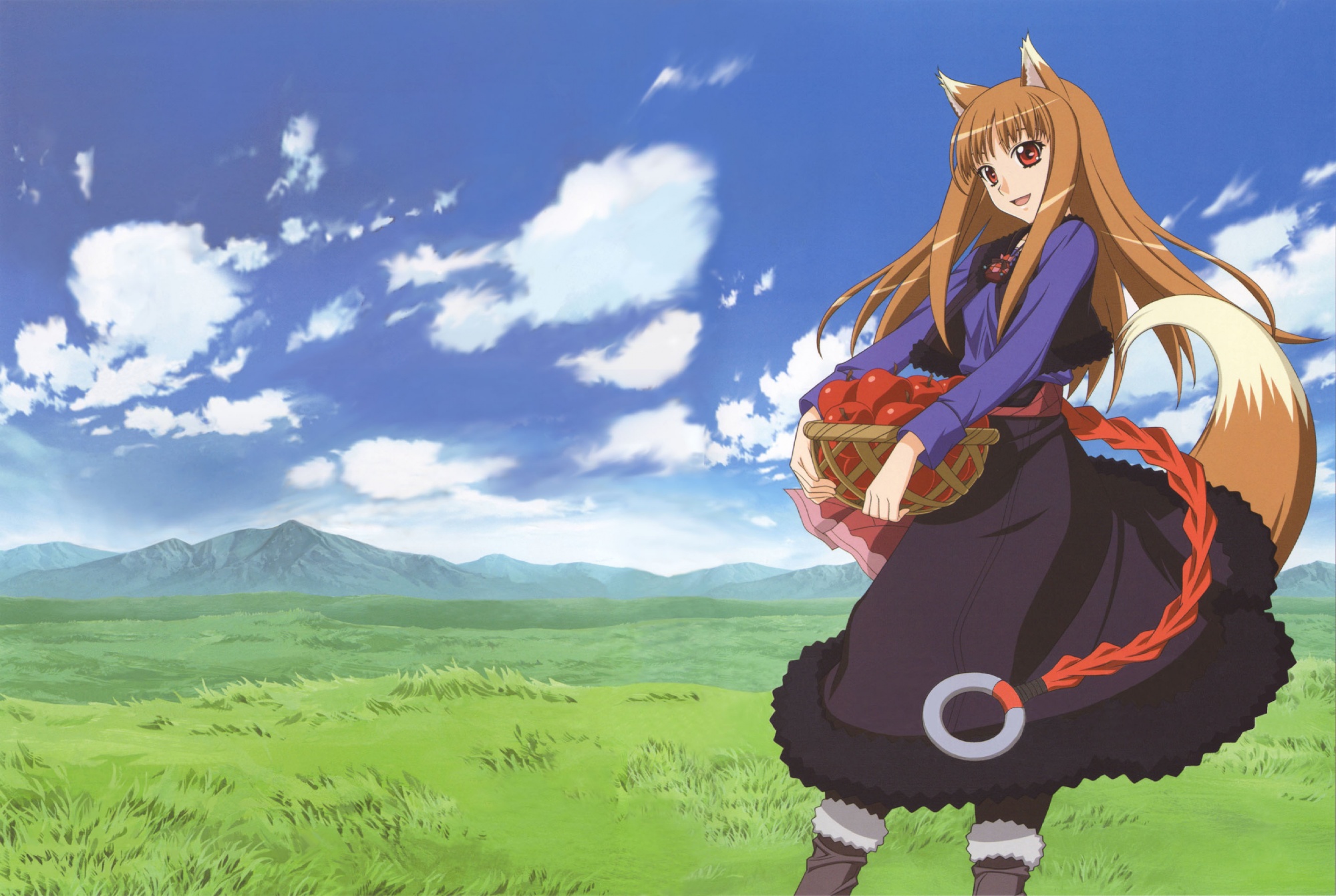 Holo from Spice & Wolf with a basket of apples HD Wallpaper