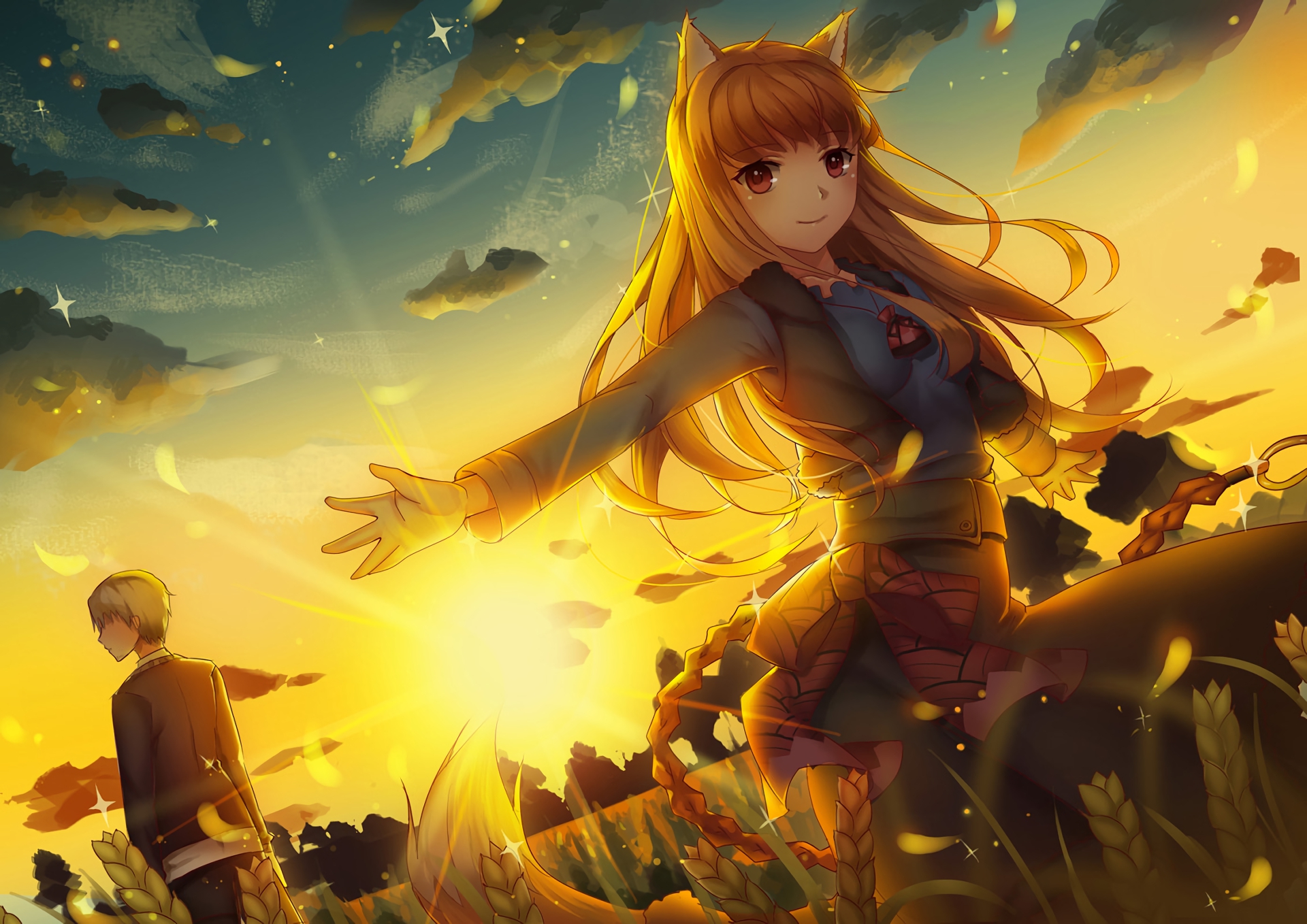 Holo from Spice & Wolf in a wheat field at sunset HD Wallpaper