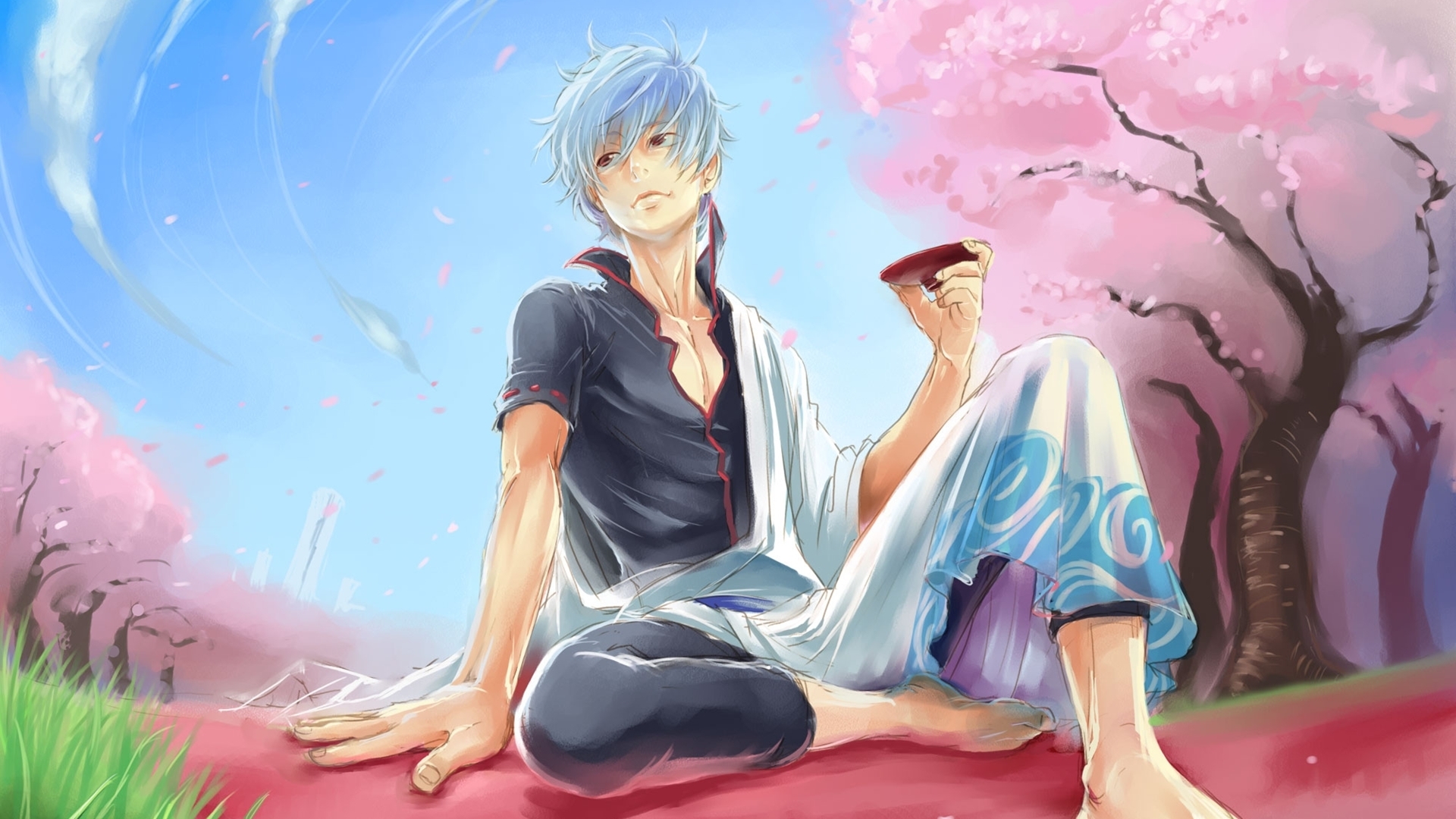 Gintoki Sakata from Gintama under cherry blossoms HD Wallpaper