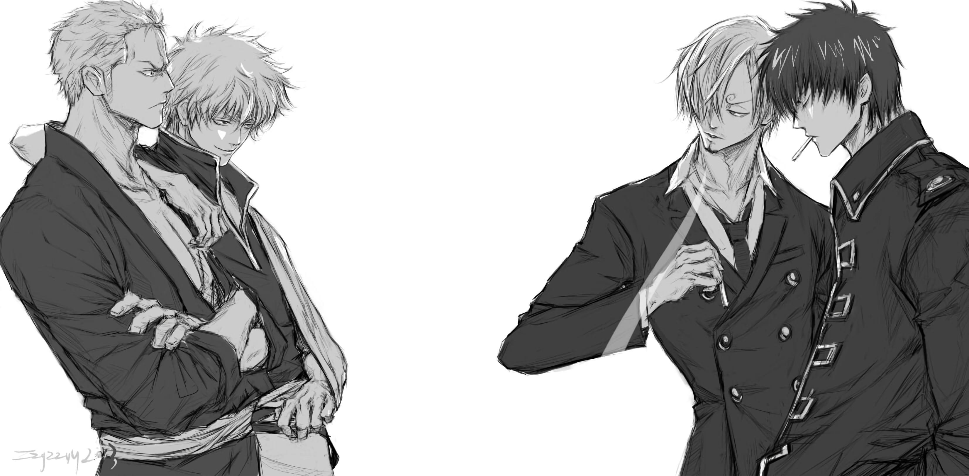 Gintoki Sakata and Roronoa Zoro, Sanji and Okita Sougo HD Wallpaper