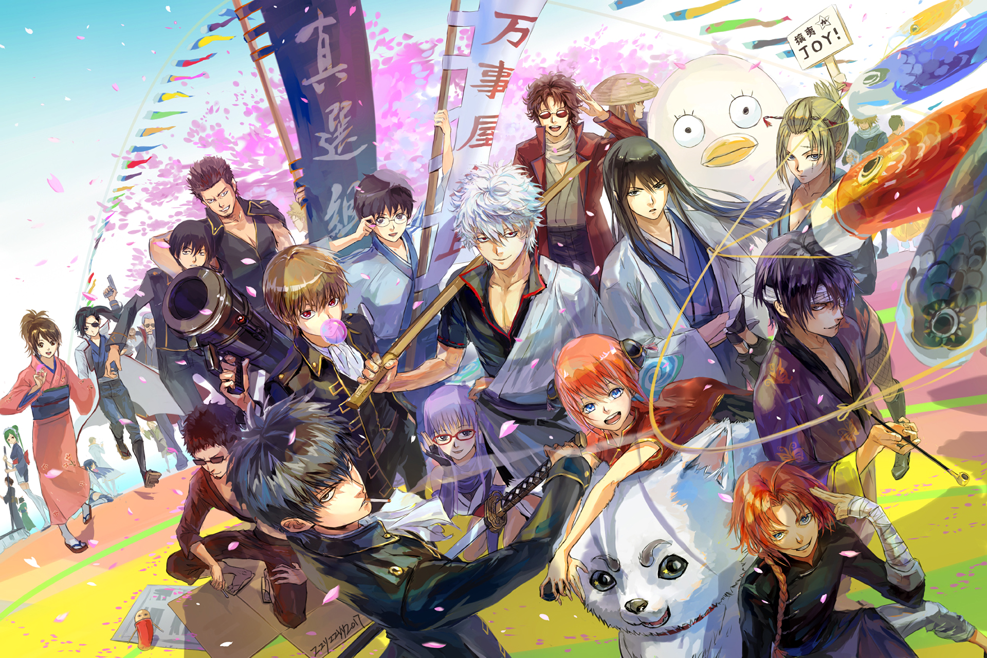 Gintama characters celebrating under cherry blossoms HD Wallpaper