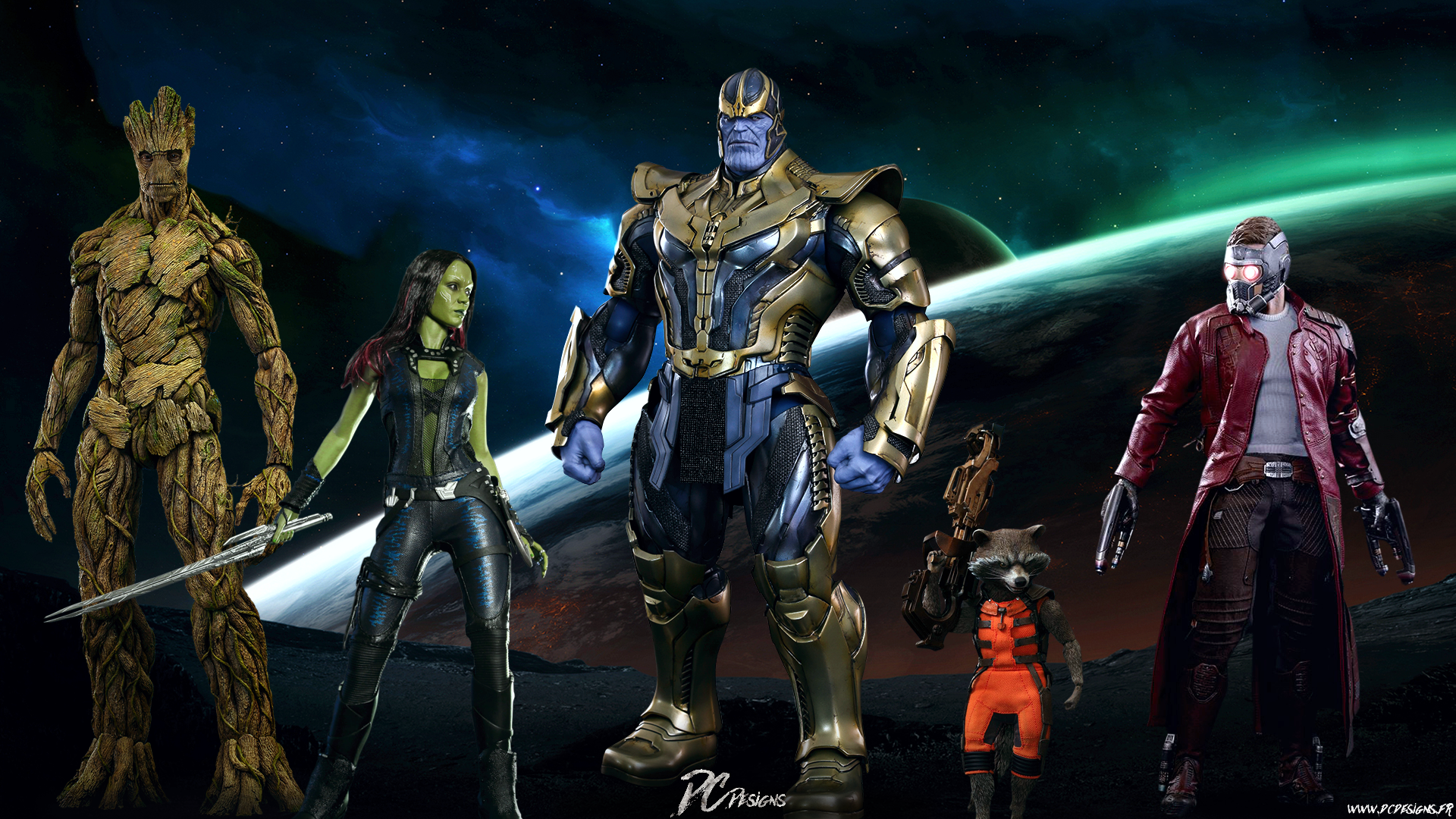Thanos, Groot, Gamora, Rocket, and Star-Lord from Marvel HD Wallpaper