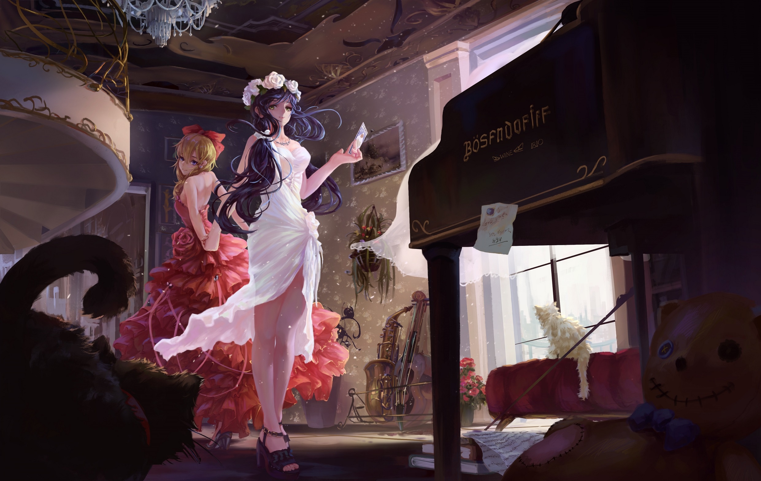 Eri Ayase in a white dress by a Bösendorfer piano HD Wallpaper