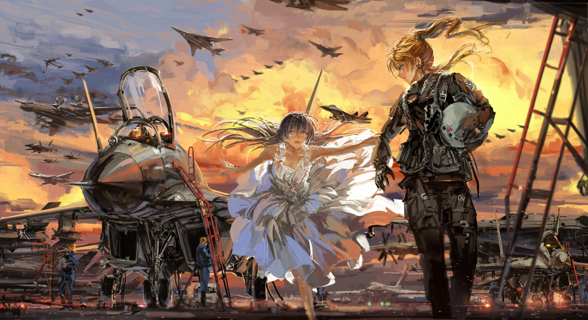 Anime girls with fighter jets at sunset HD Wallpaper
