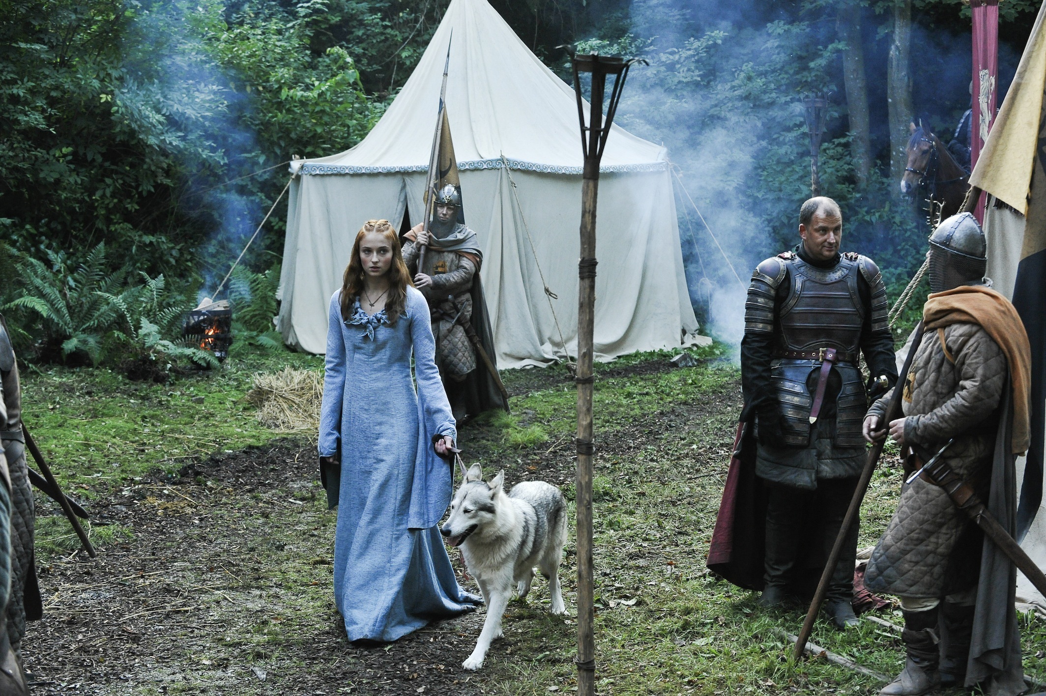 Sansa Stark with Direwolf in Camp HD Wallpaper