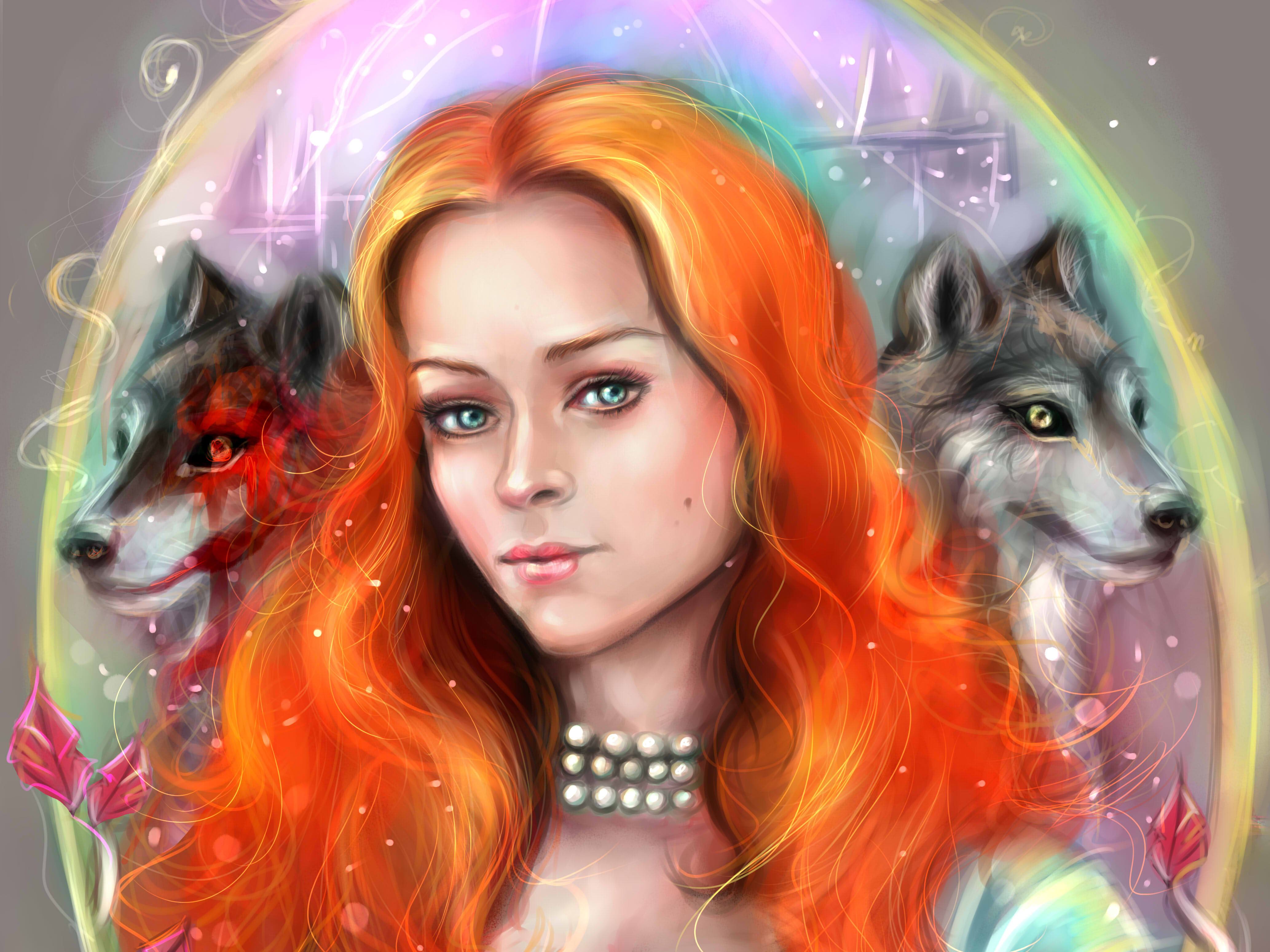 Sansa Stark with two wolves HD Wallpaper