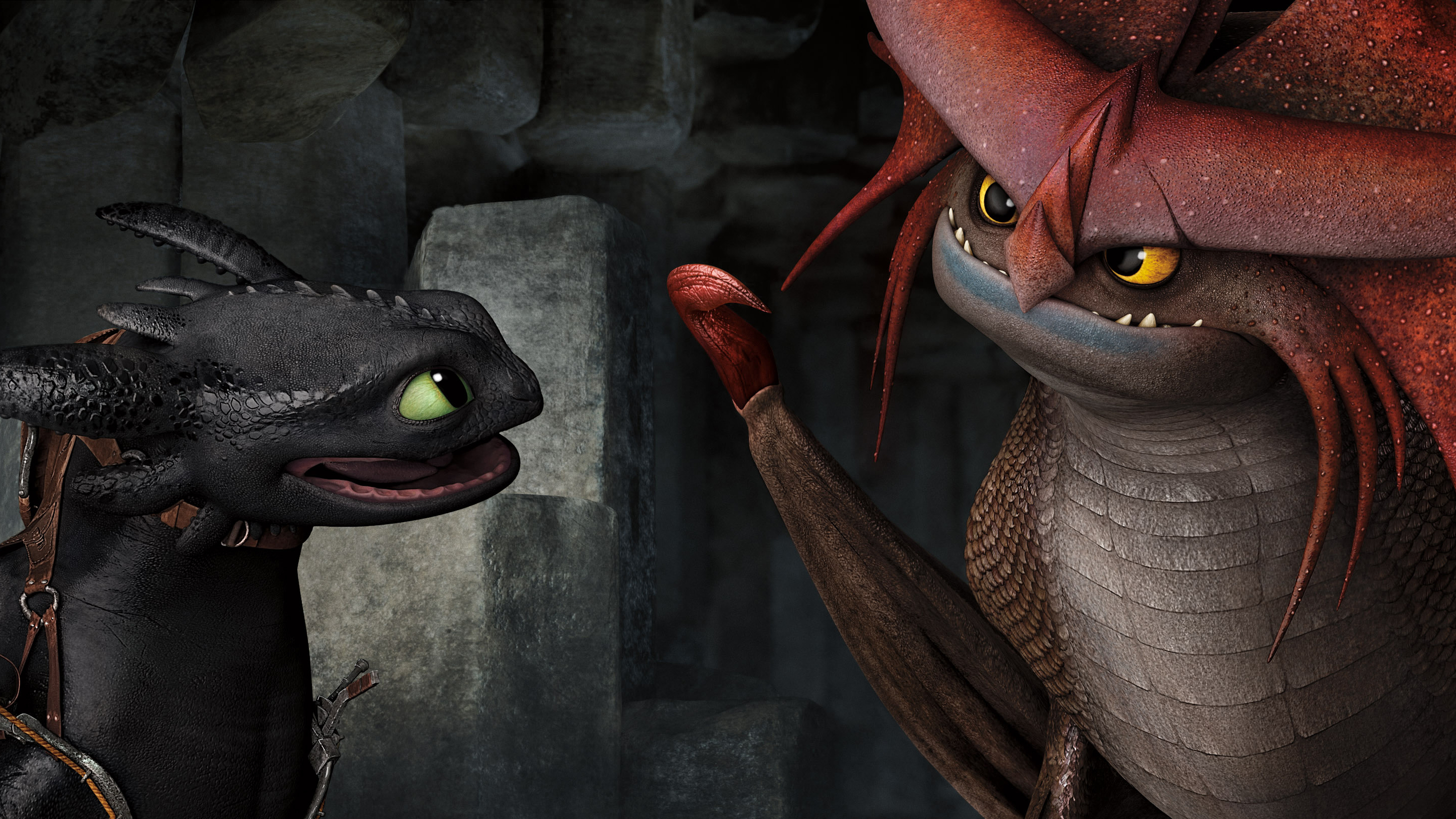 Toothless and a red dragon in a cave HD Wallpaper