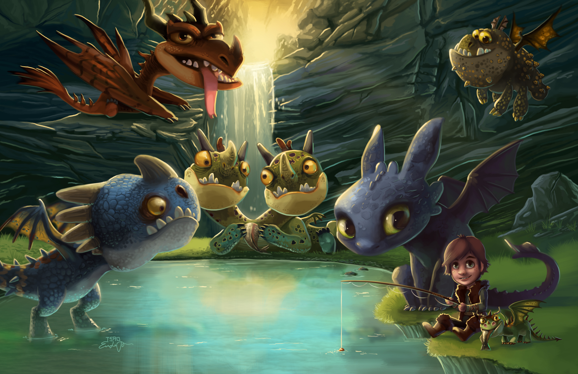 Dragons and Hiccup fishing in a cave HD Wallpaper