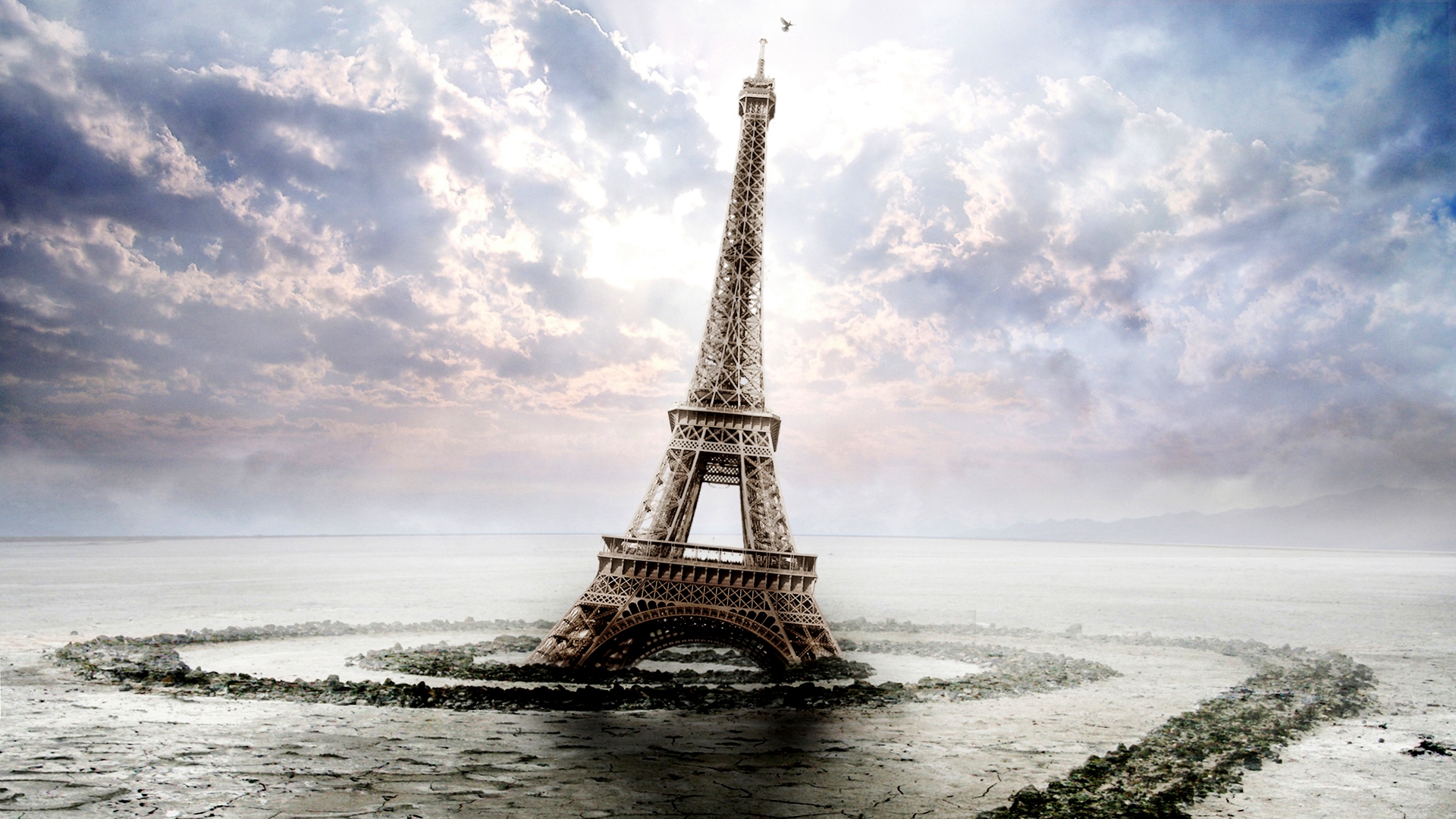 Eiffel Tower in a desolate landscape HD Wallpaper