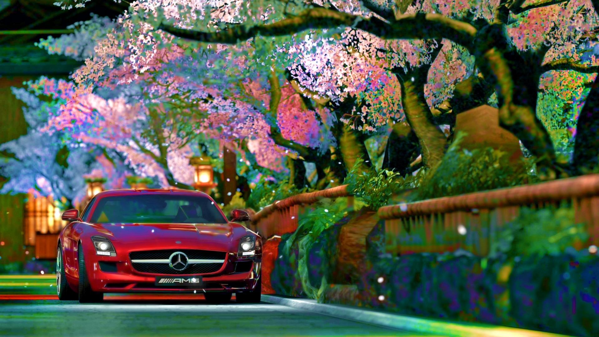 Red Mercedes-Benz SLS AMG GT in a Japanese garden HD Wallpaper