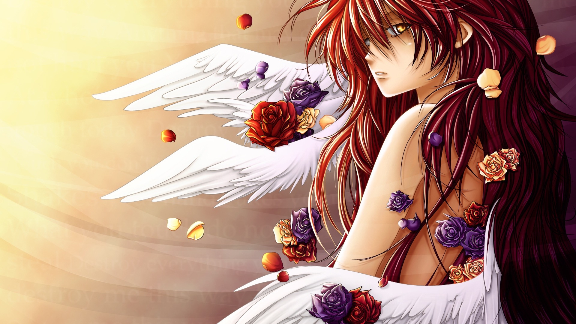Anime Angel with Wings and Flowers HD Wallpaper