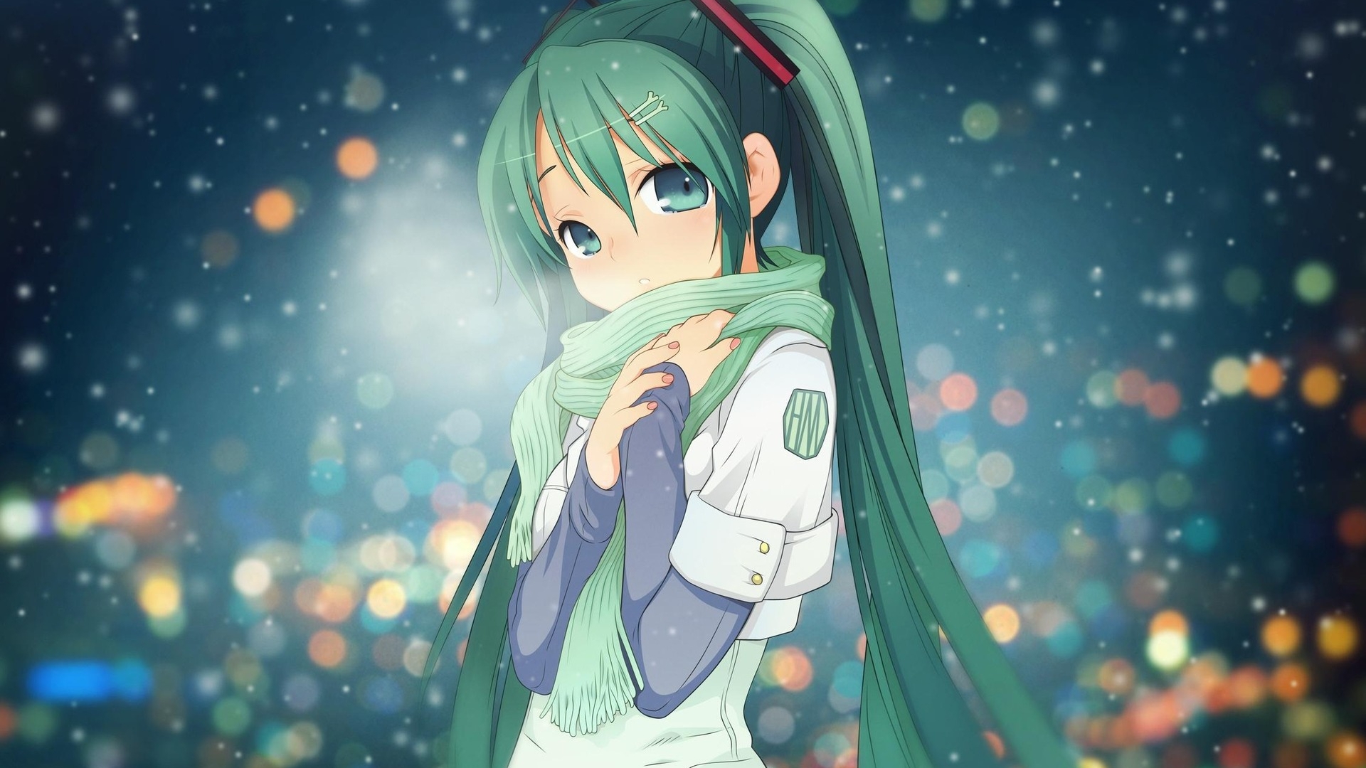Hatsune Miku in winter with bokeh lights HD Wallpaper