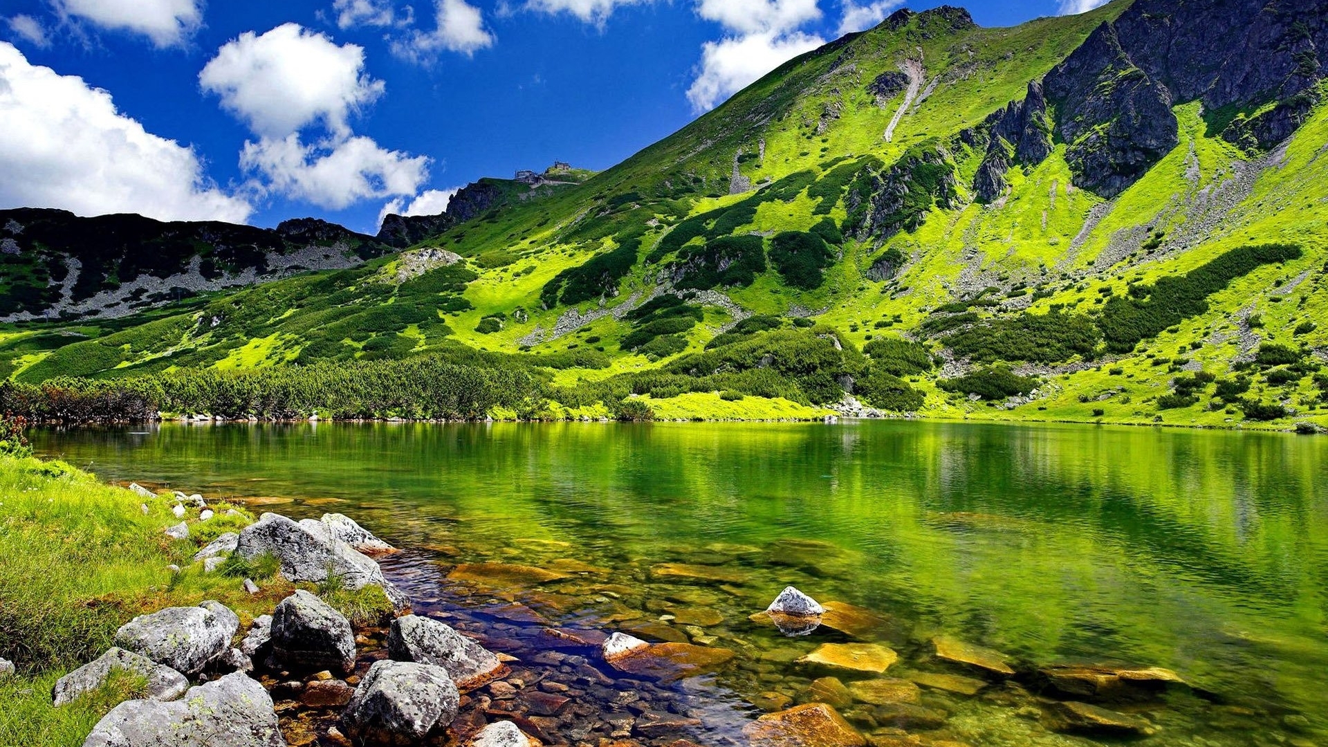Green mountains and lake with blue sky HD Wallpaper