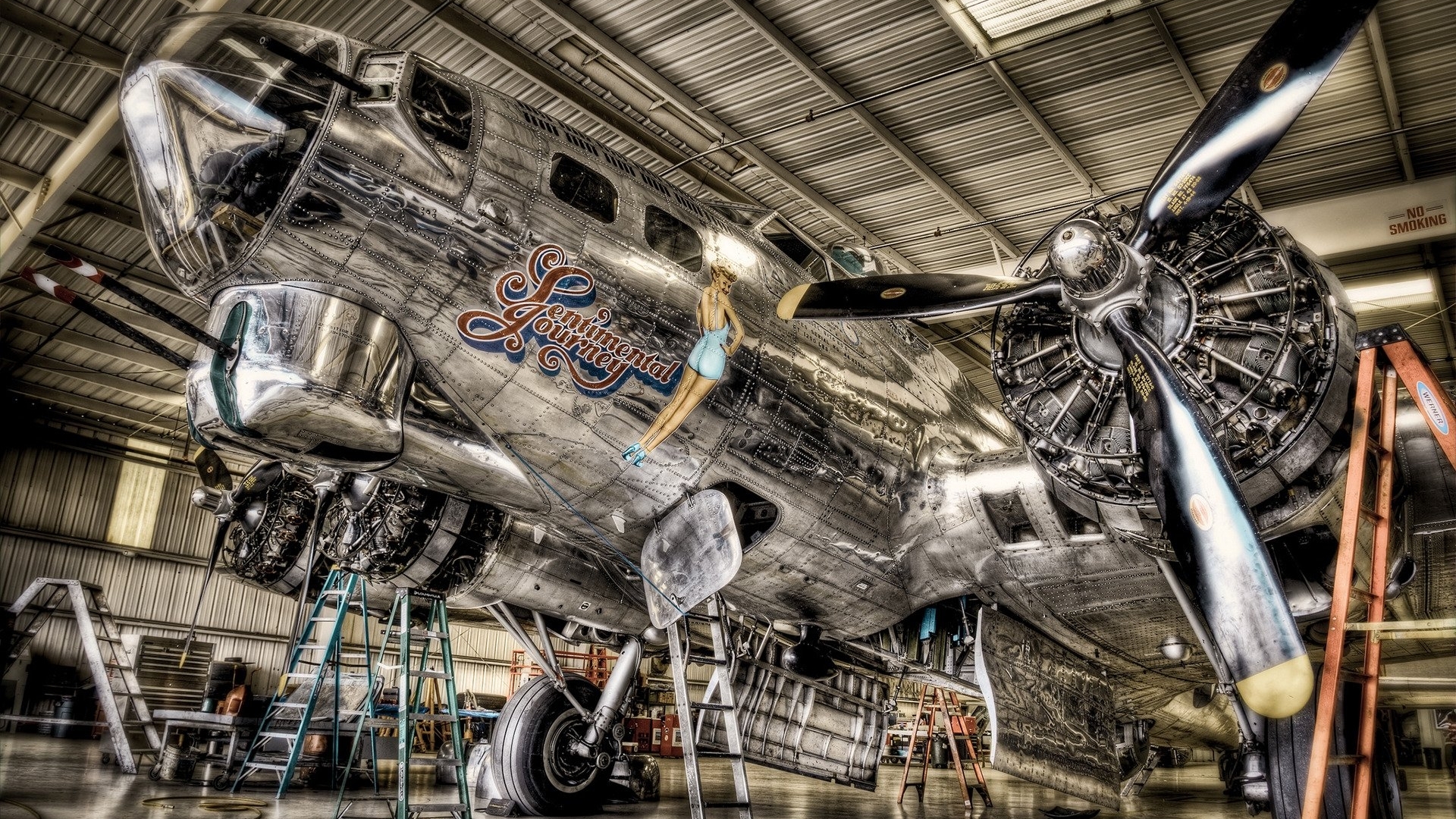 B-17 Flying Fortress "Sentimental Journey" in hangar HD Wallpaper