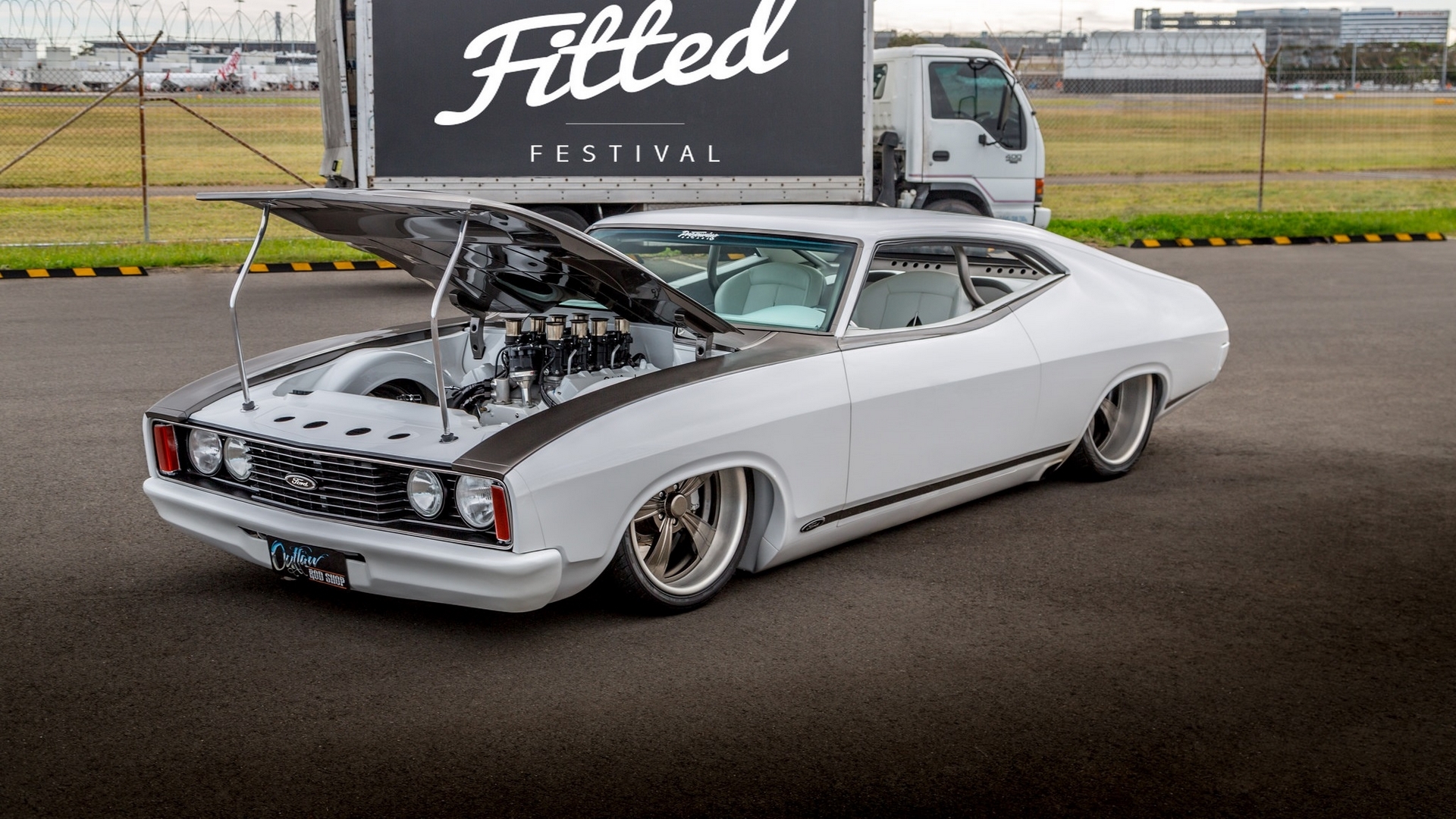 White Ford Falcon with Open Hood and Custom Engine HD Wallpaper