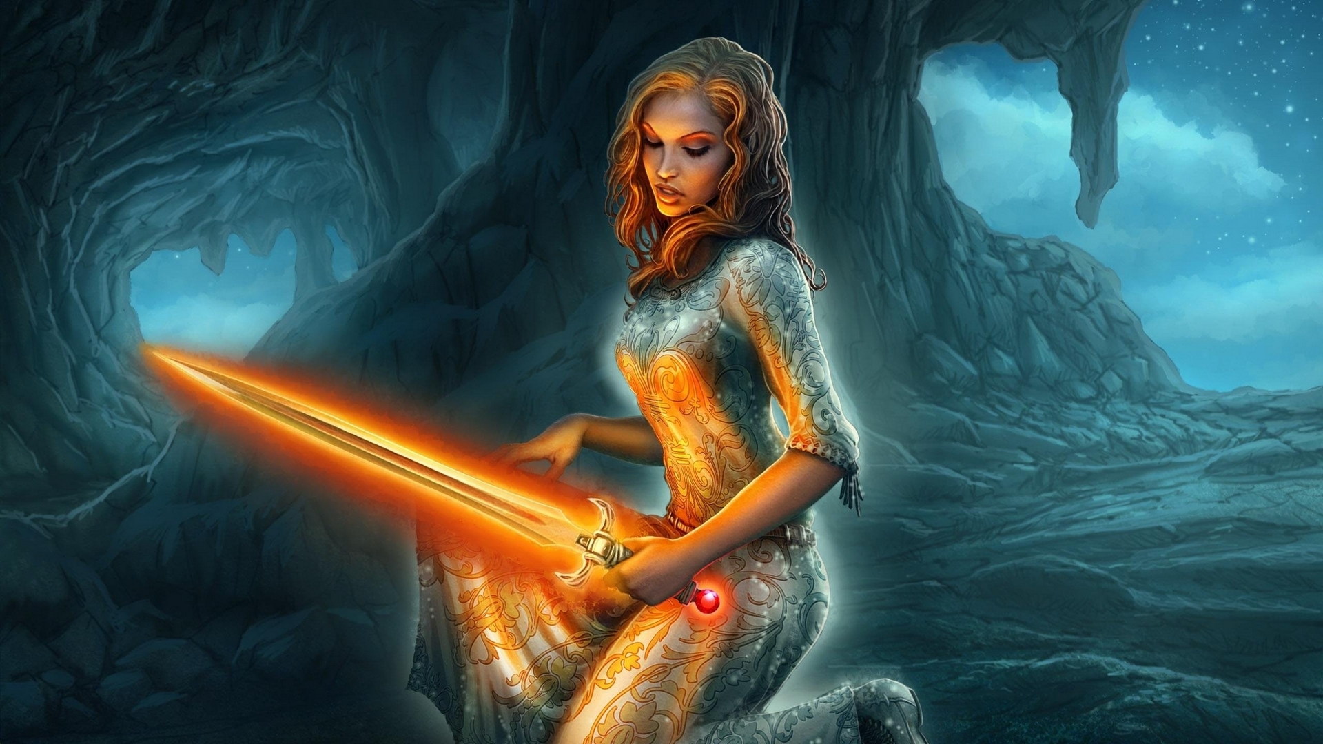 Woman with glowing sword in a cave HD Wallpaper