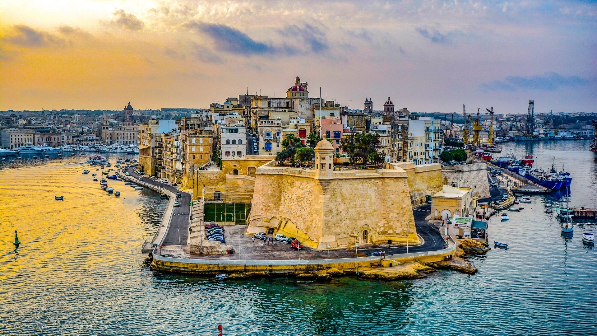 Sunrise Over Mediterranean Harbor and Historic Fort HD Wallpaper