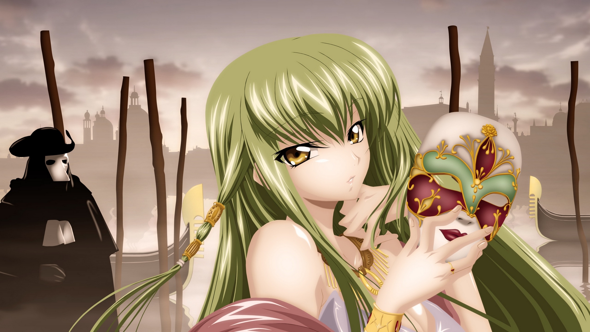 C.C. from Code Geass holding a Venetian mask HD Wallpaper