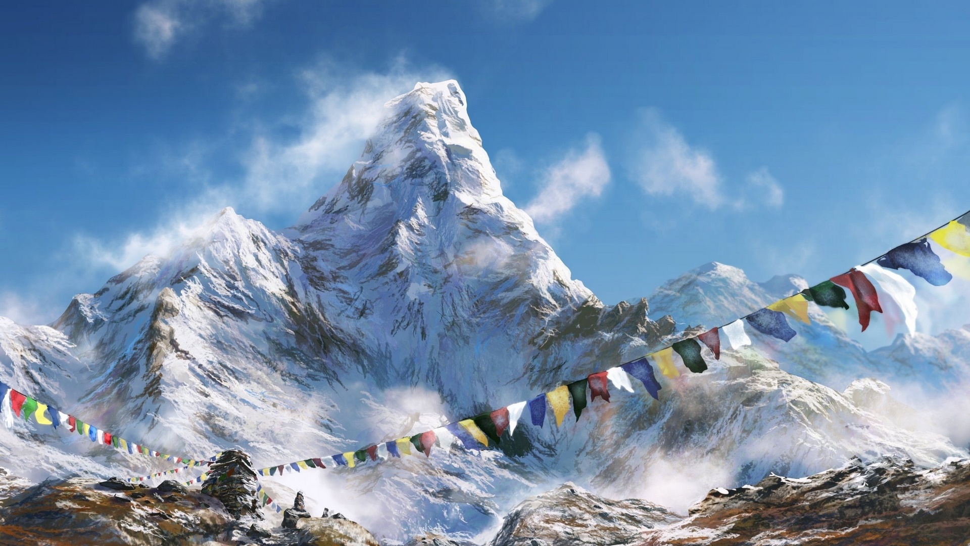 Snow-capped mountains with prayer flags HD Wallpaper