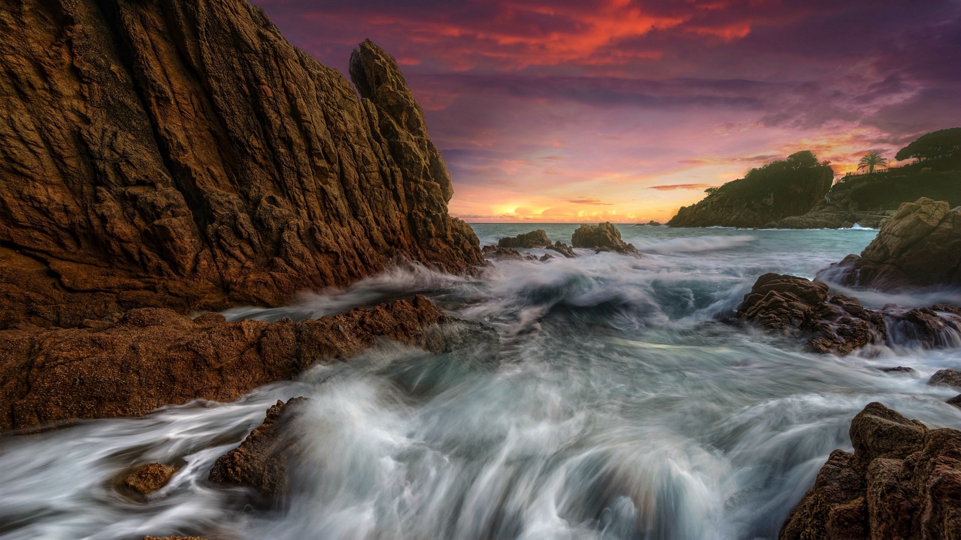Sunset over rocky coast in Spain HD Wallpaper