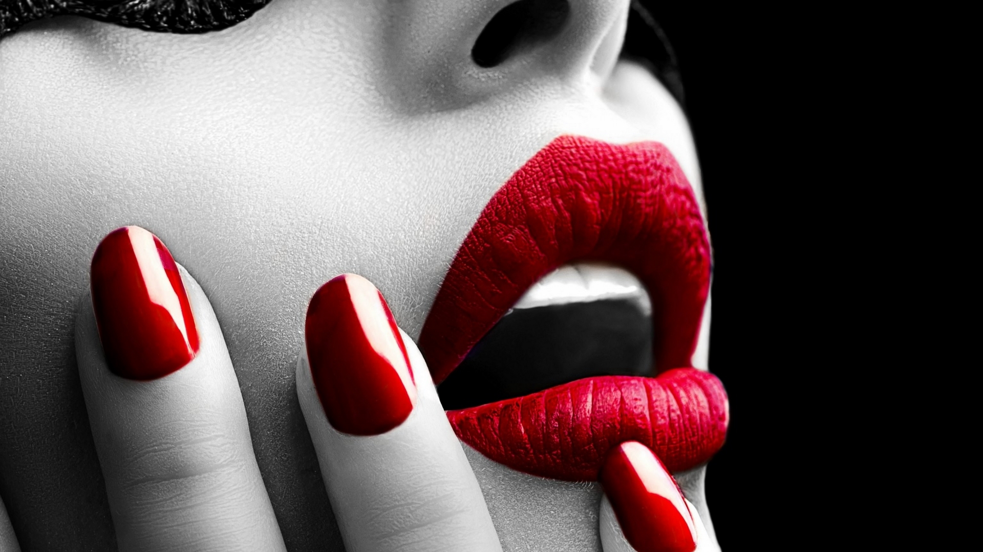 Close-up of woman with red lipstick and nails HD Wallpaper