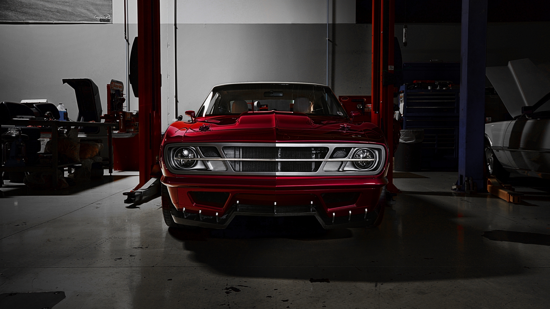 Red custom car in a garage HD Wallpaper