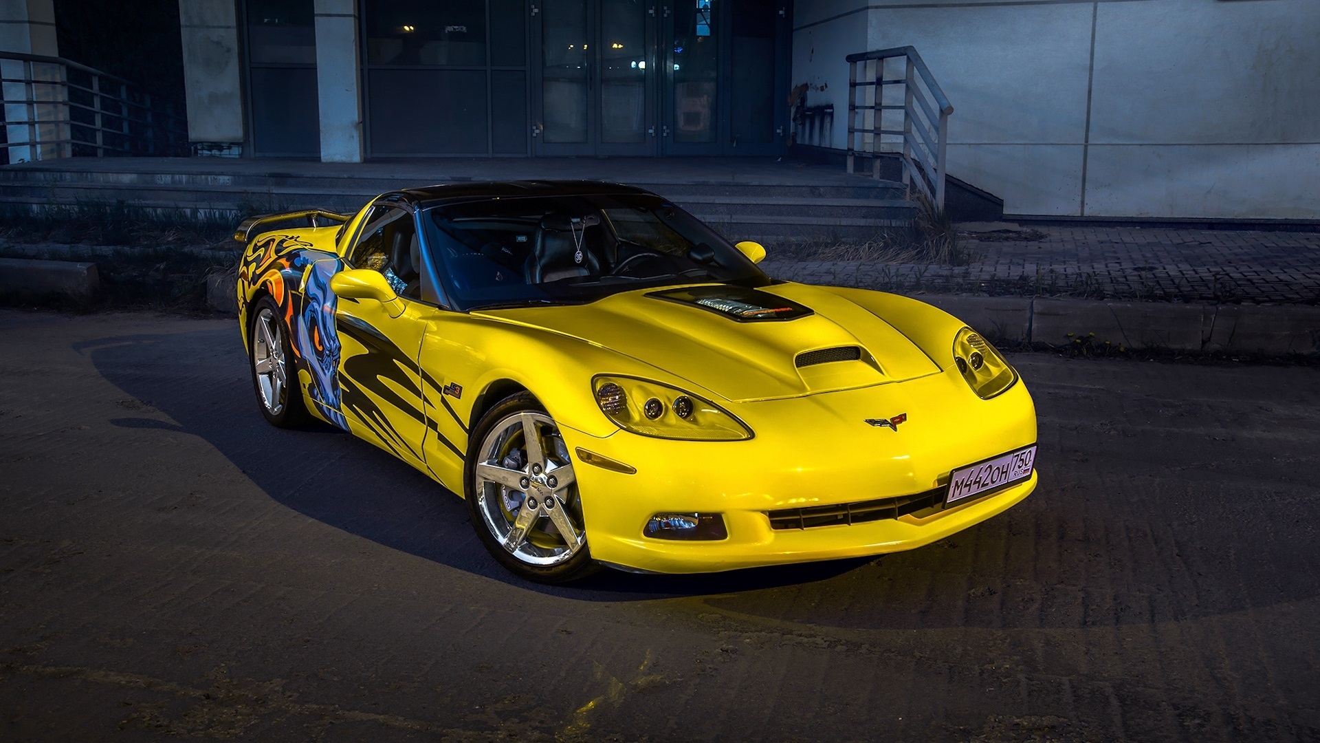 Yellow Chevrolet Corvette with custom graphics HD Wallpaper