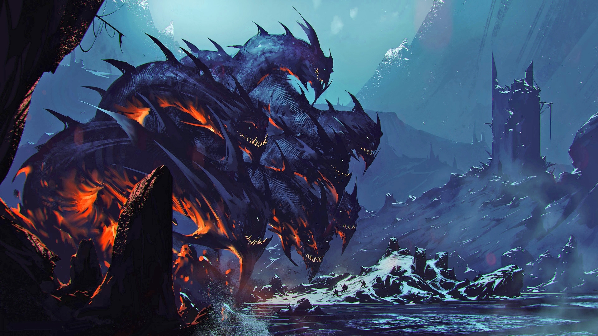 A multi-headed dragon emerges from a fiery abyss HD Wallpaper