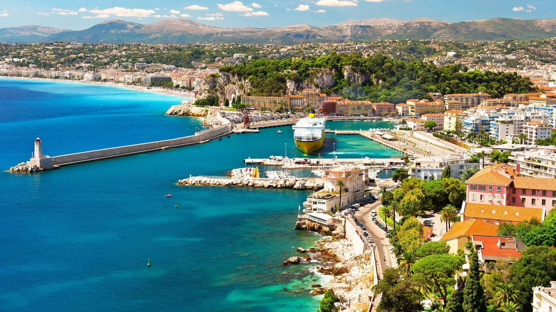 Nice, France coastline with lighthouse and harbor HD Wallpaper