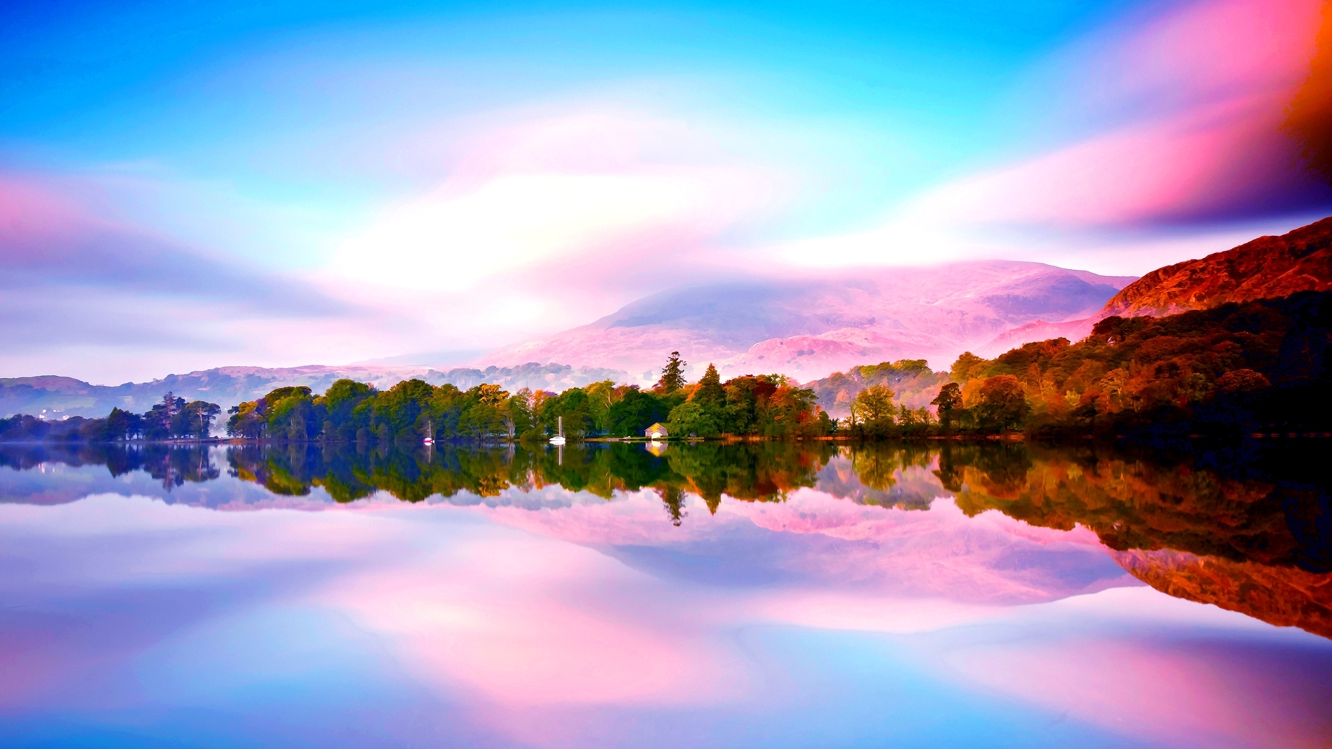 Mountain reflection over a lake with trees and sky HD Wallpaper