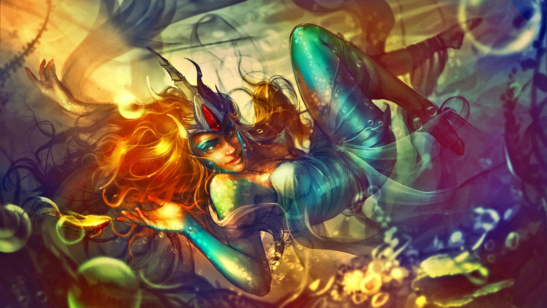 Fantasy redhead woman with fish and bubbles HD Wallpaper