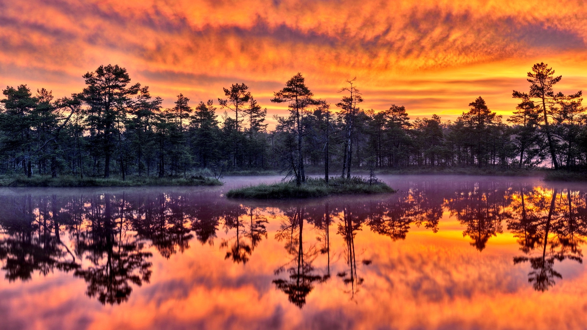Fiery Sunset Over Misty Lake Reflection HD Wallpaper