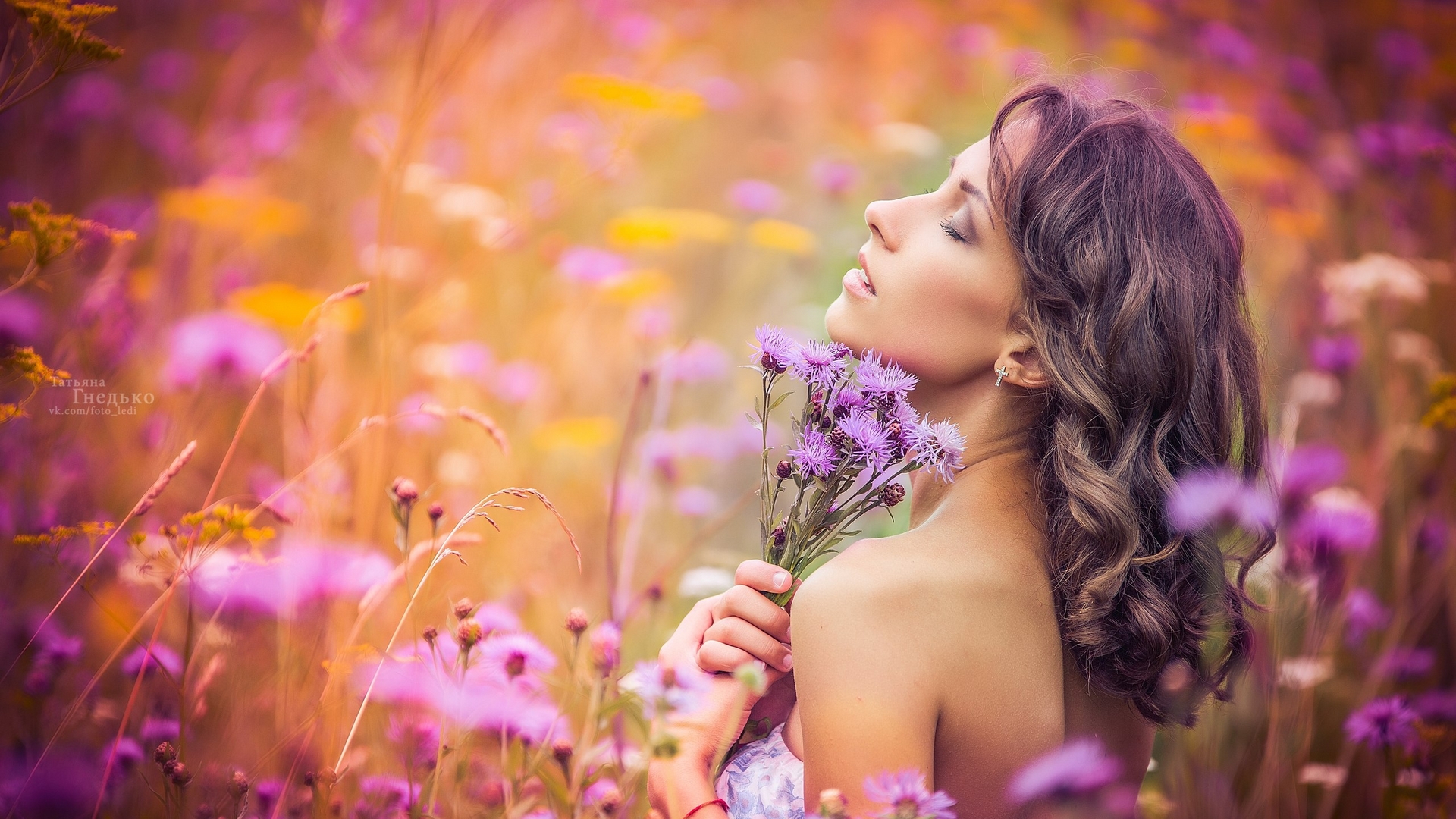 Woman holding purple flowers in a field HD Wallpaper