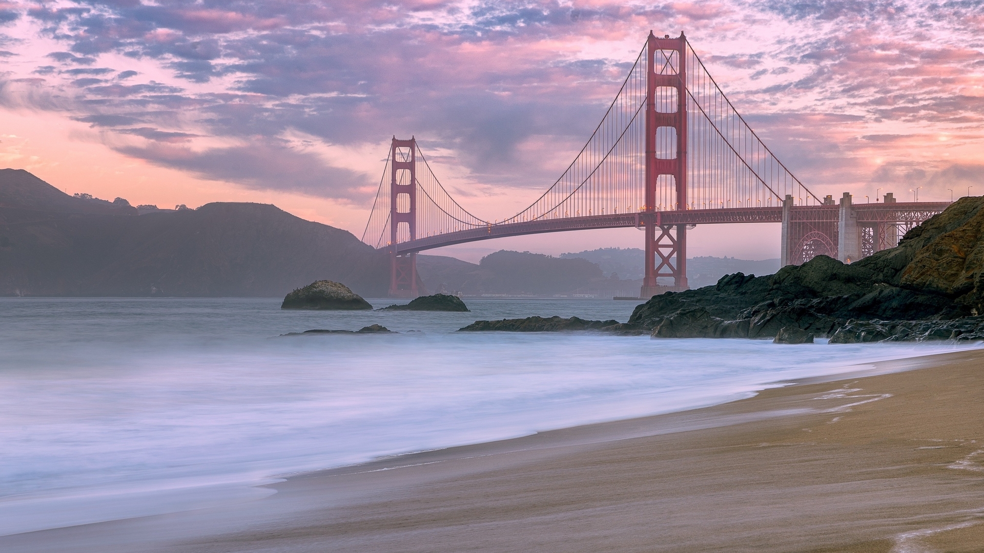 Golden Gate Bridge at Sunset with Ocean Waves HD Wallpaper