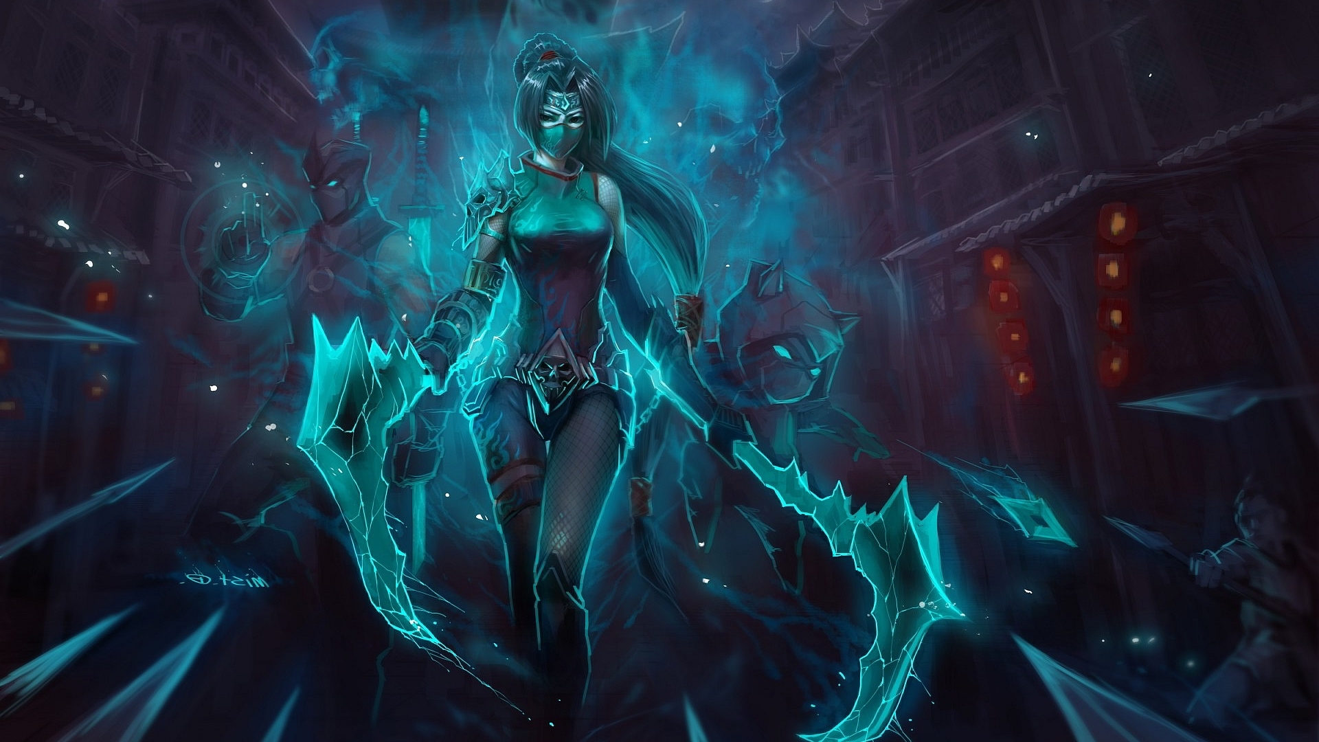 Woman with blue magical energy and scythes HD Wallpaper