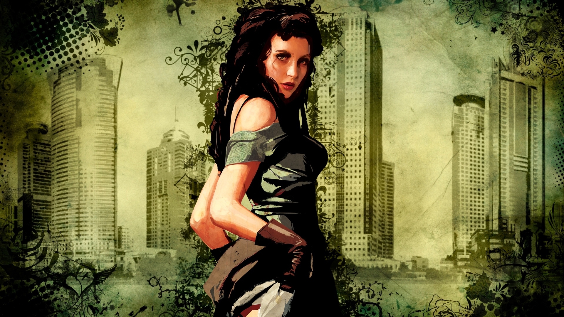Woman in a black dress in front of city skyline HD Wallpaper