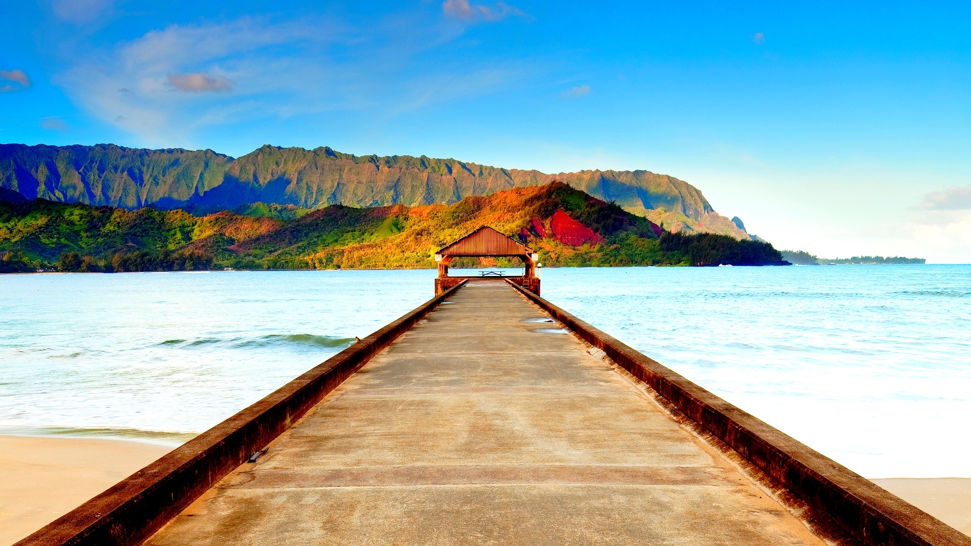 Pier with gazebo overlooking ocean and mountains HD Wallpaper