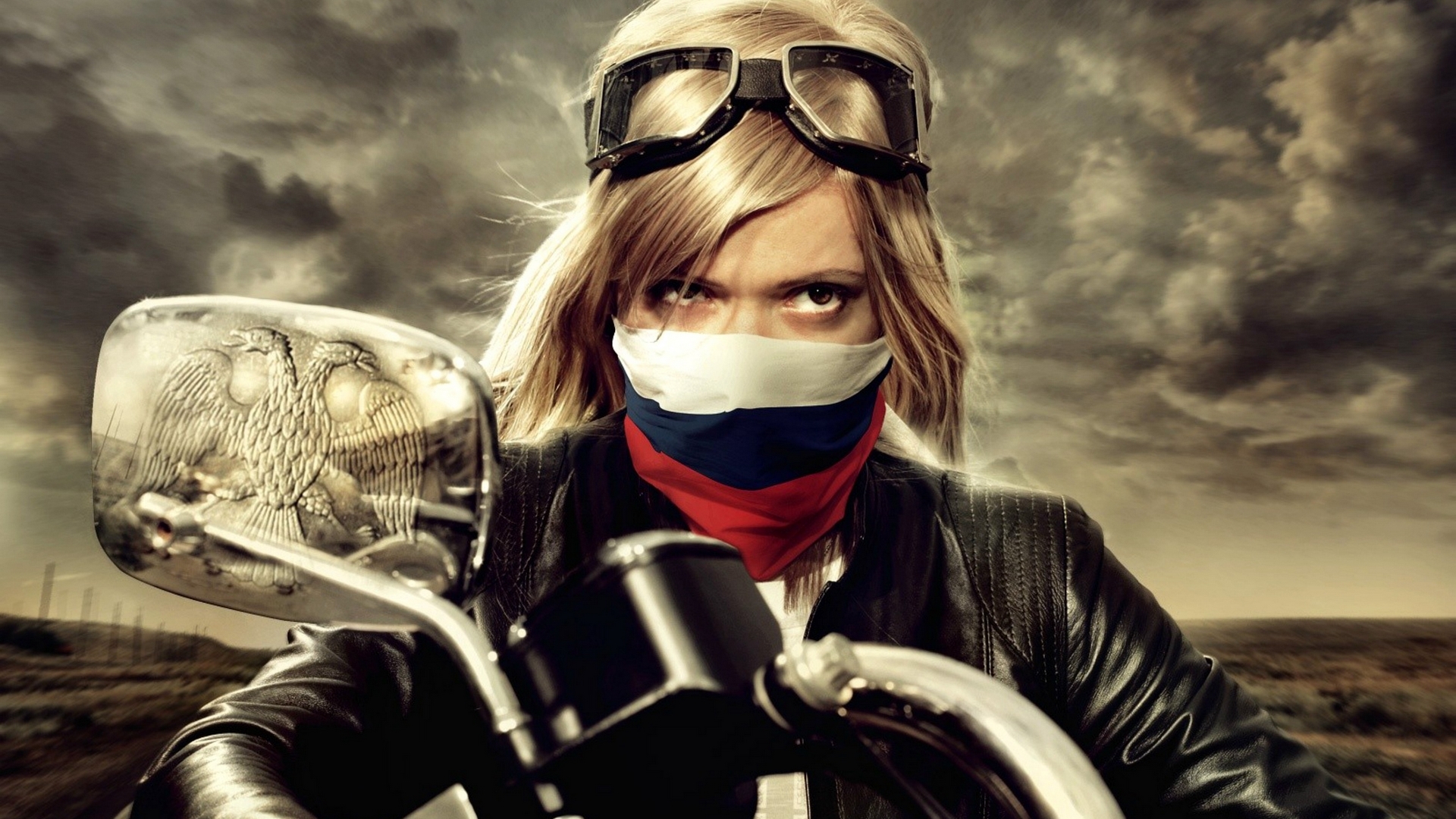 Woman with Russian flag bandana on motorcycle HD Wallpaper