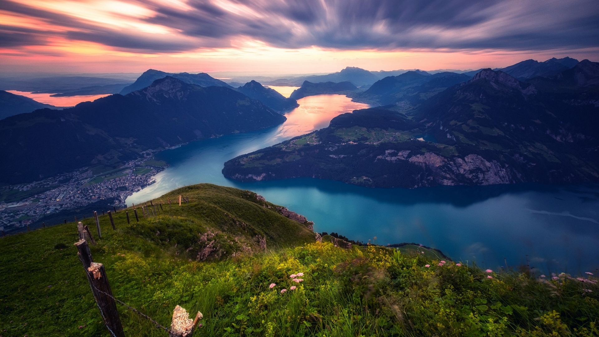 Mountains and lake at twilight with clouds HD Wallpaper