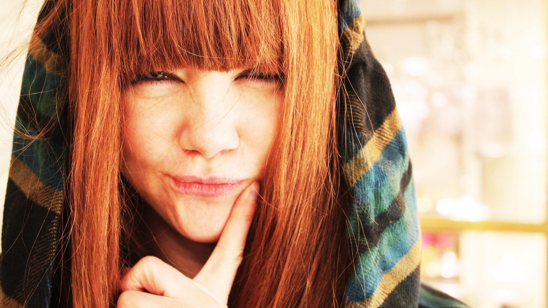 Woman with red hair wearing a plaid hood HD Wallpaper