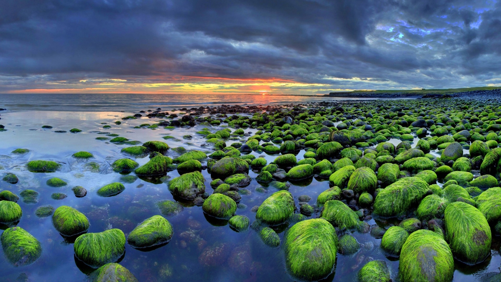 Mossy rocks on a beach at sunset with dramatic clouds HD Wallpaper