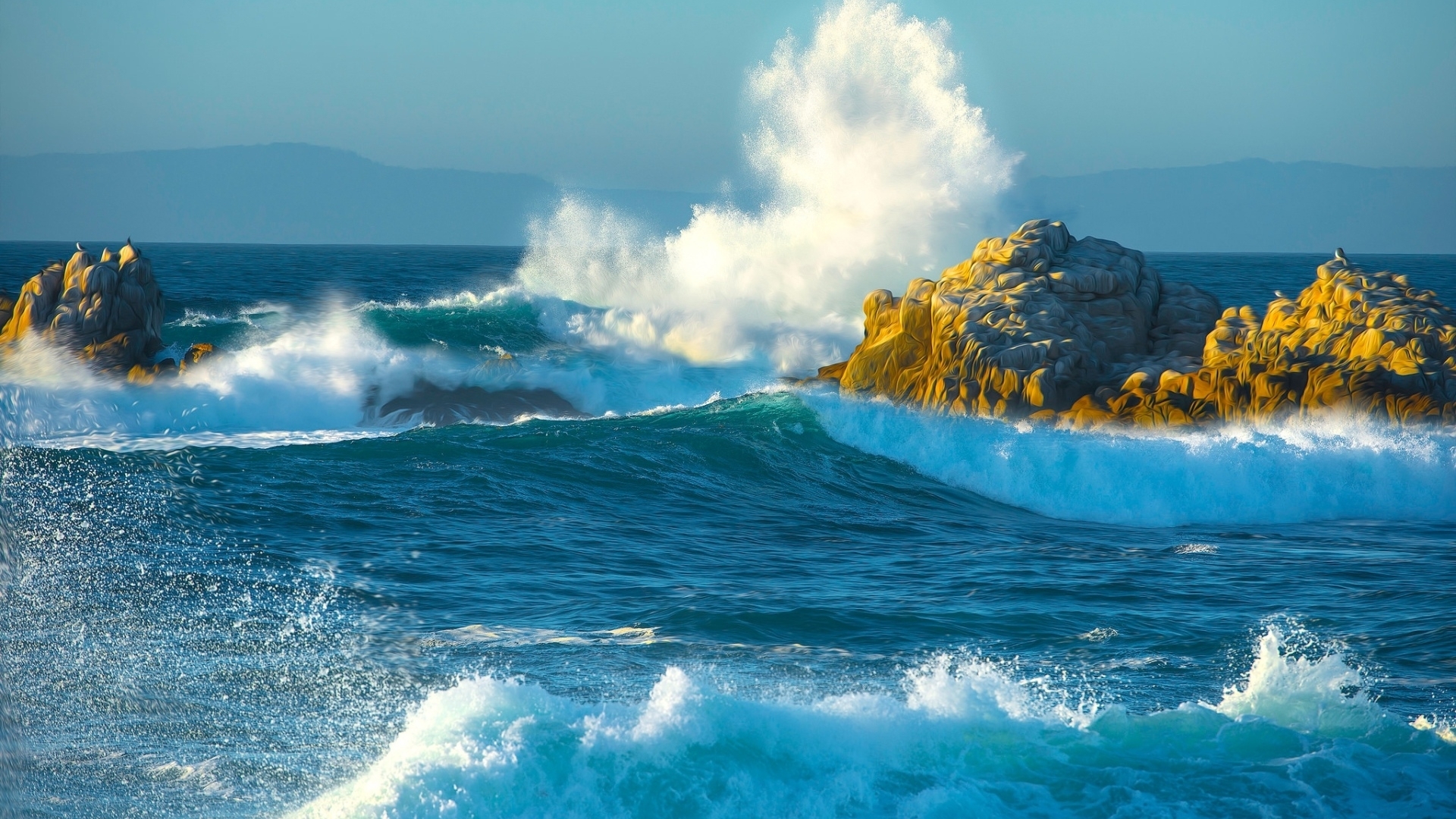 Waves crashing on rocky shore with seagulls HD Wallpaper