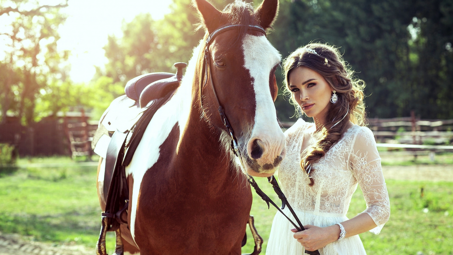 Woman in white dress with a horse outdoors HD Wallpaper