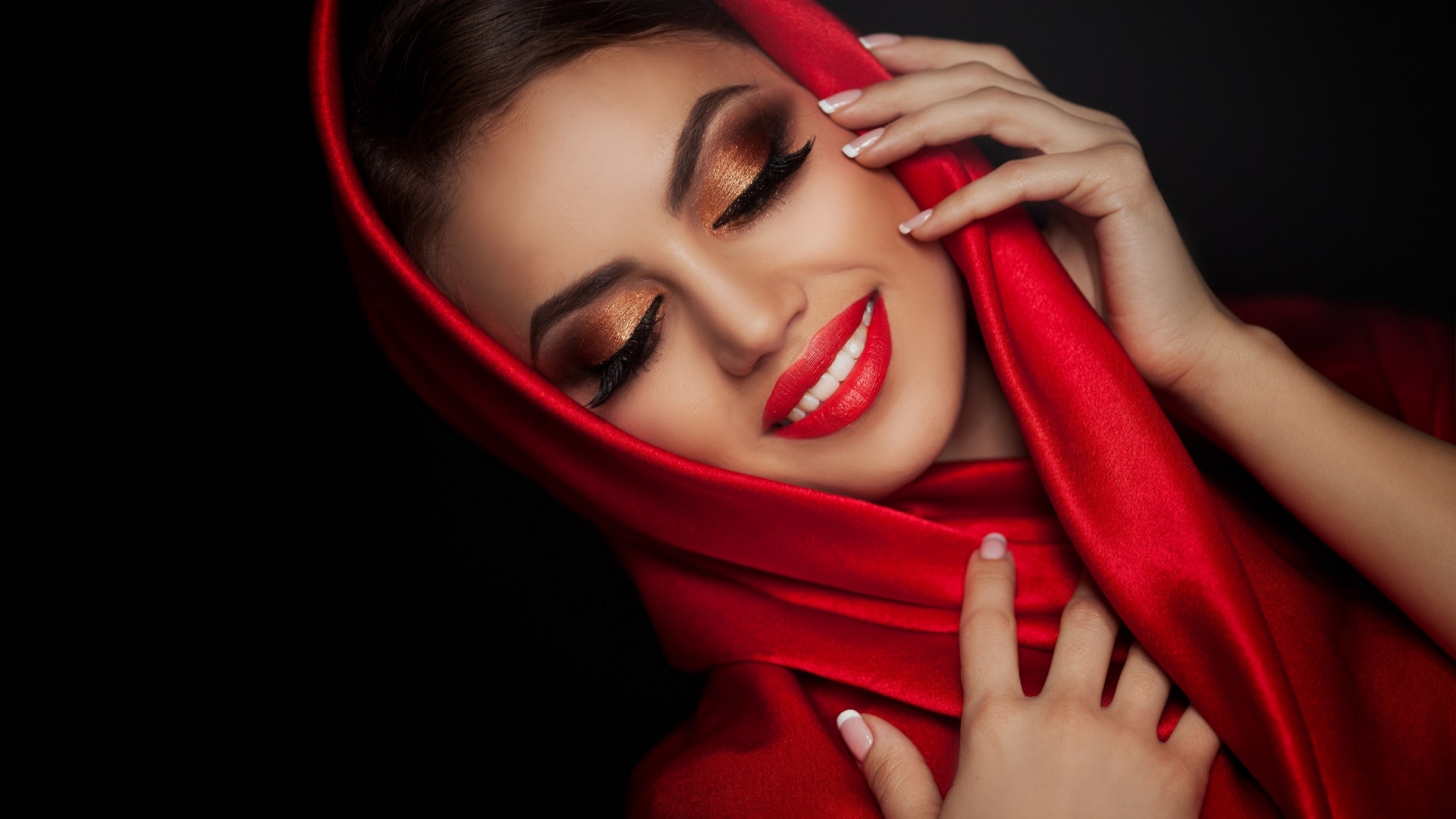 Woman with red silk scarf and makeup HD Wallpaper