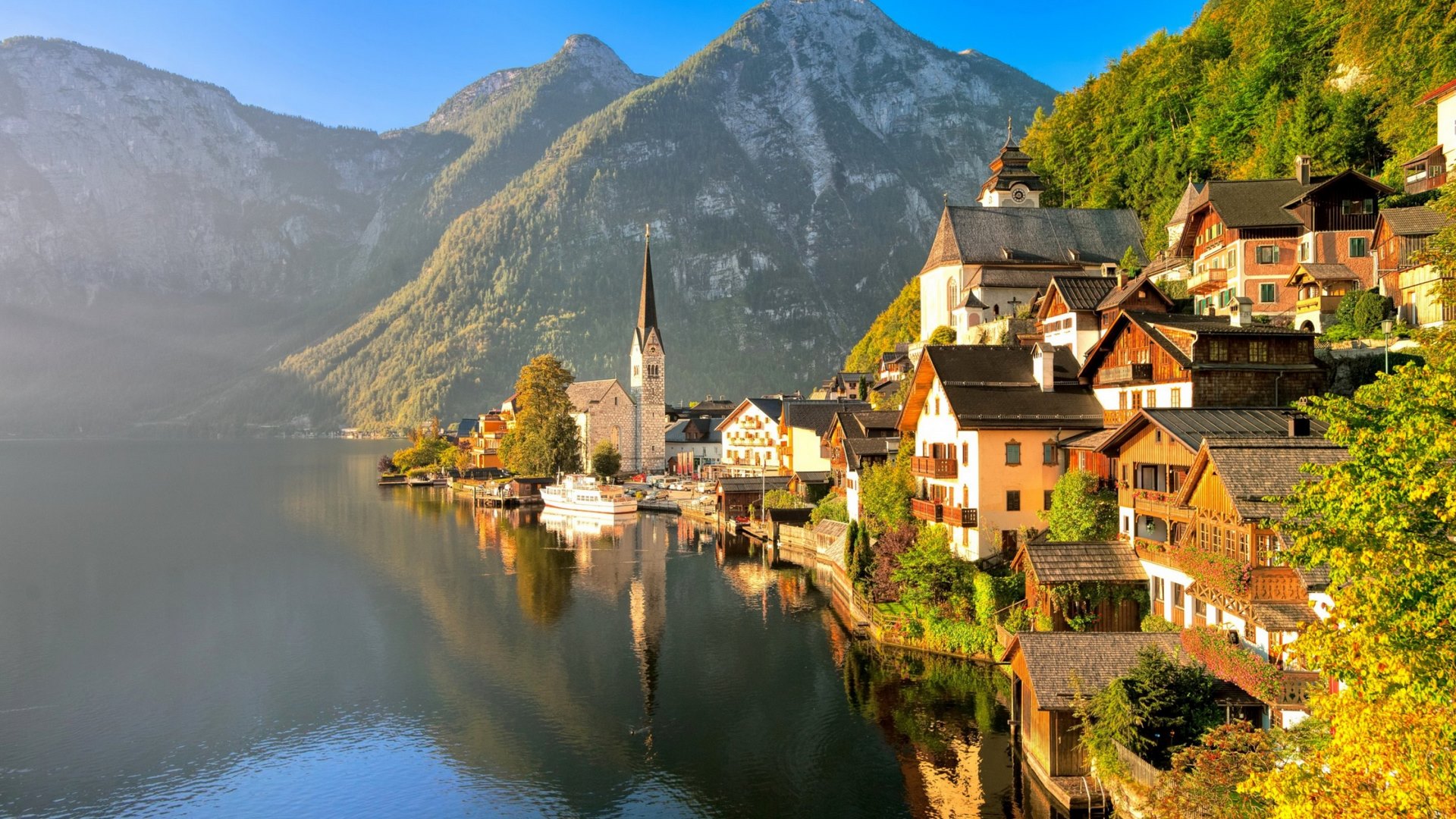 Autumn View of Lakeside Town with Mountains HD Wallpaper