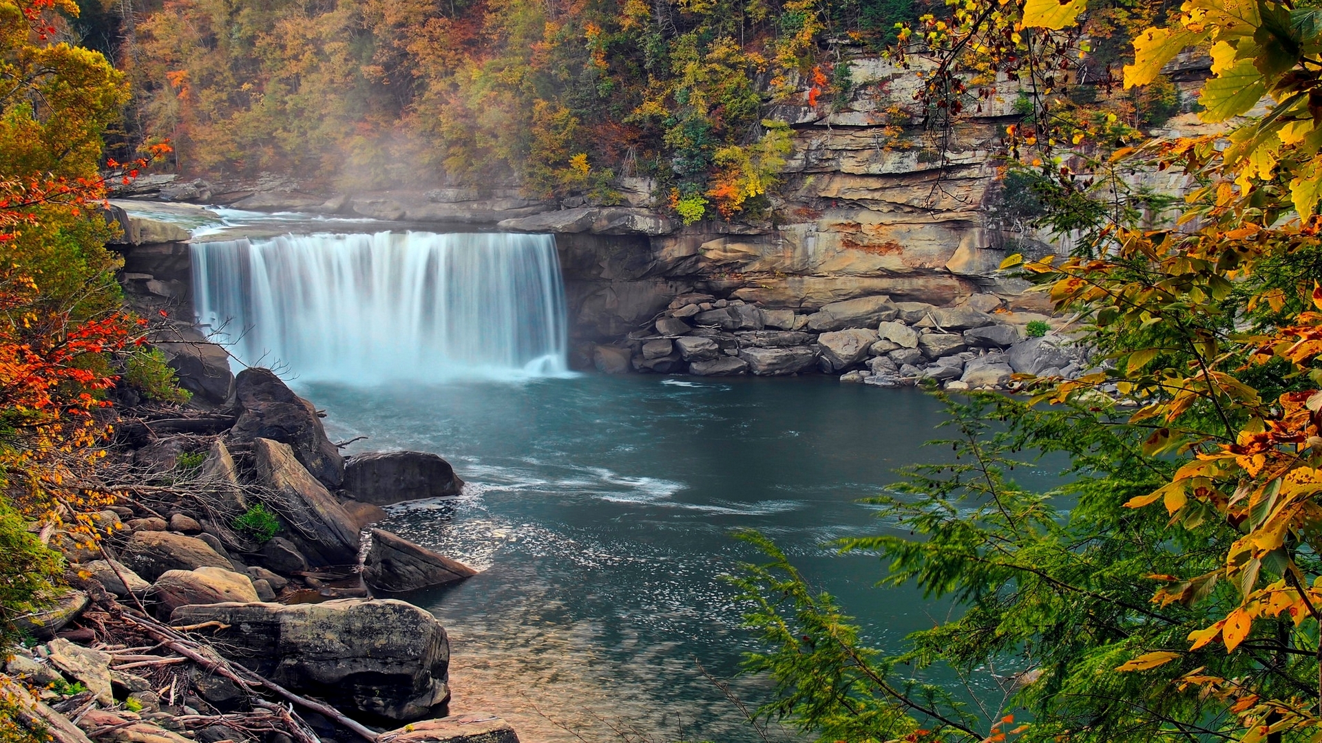 Serene Autumn Waterfall in Forest HD Wallpaper