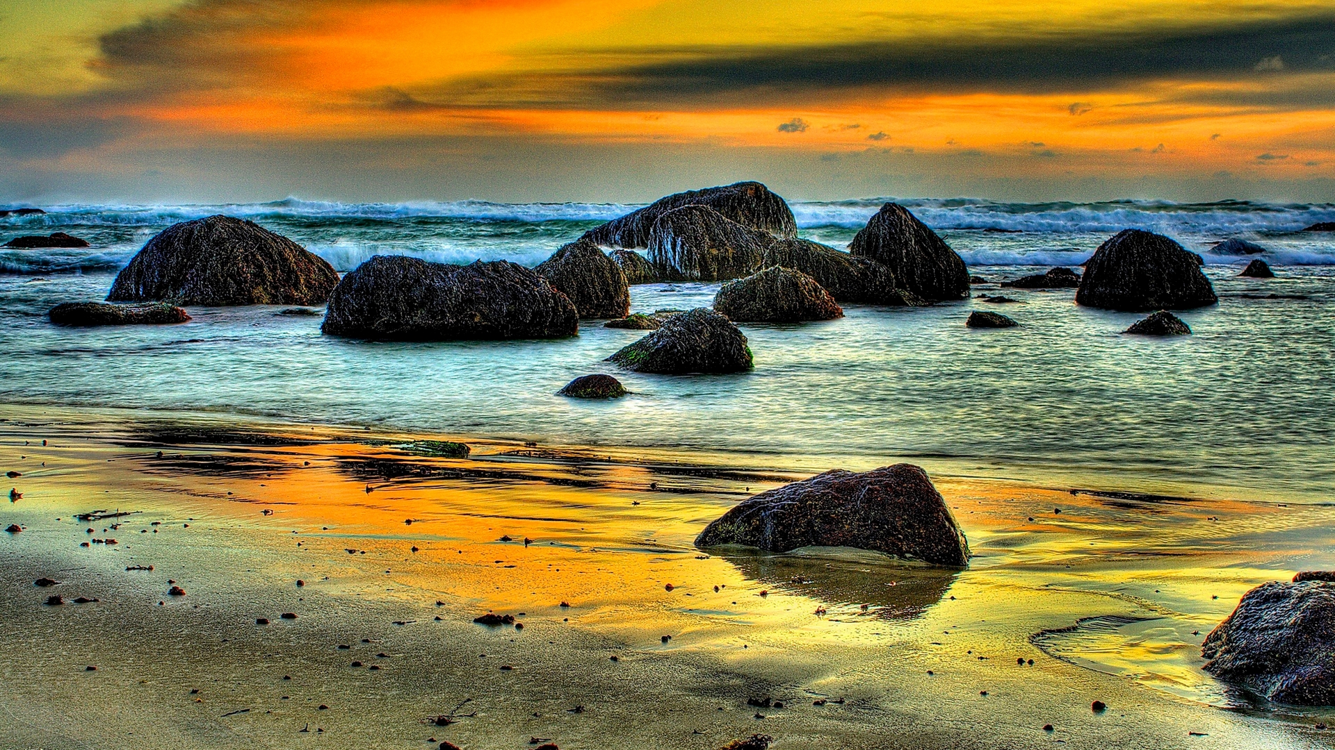Colorful Sunset Over Rocky Ocean Beach HD Wallpaper