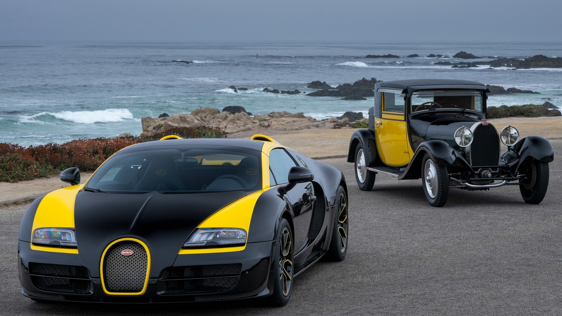 Bugatti Veyron and vintage Bugatti car by the ocean HD Wallpaper
