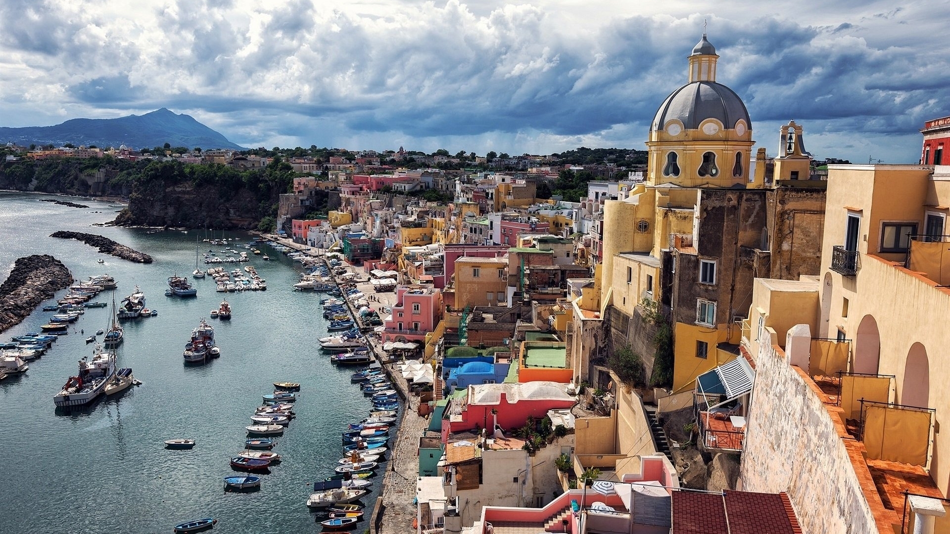Colorful Italian coastal town with harbor and boats HD Wallpaper
